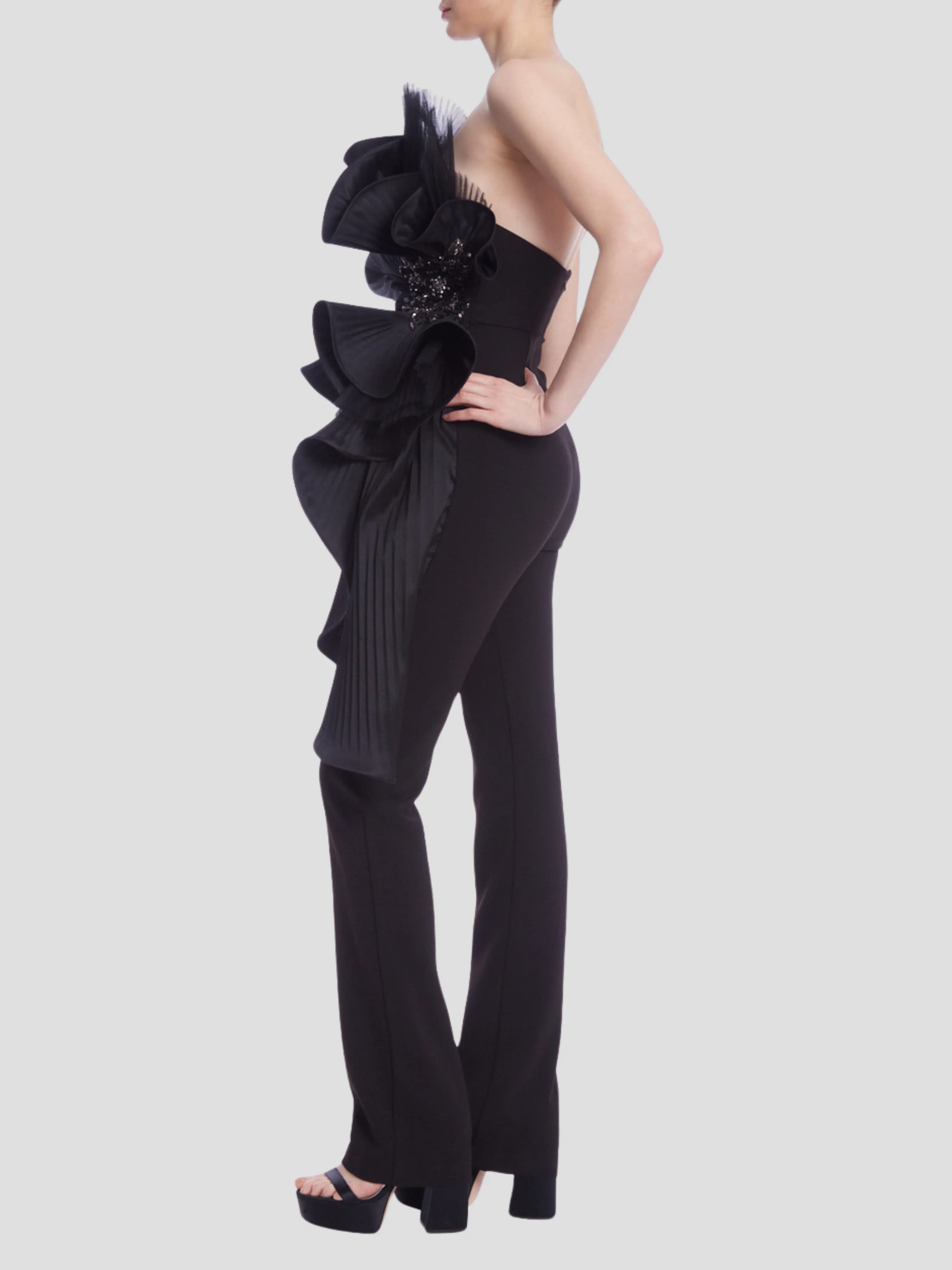 Sculptural Strapless Fitted Jumpsuit in Black