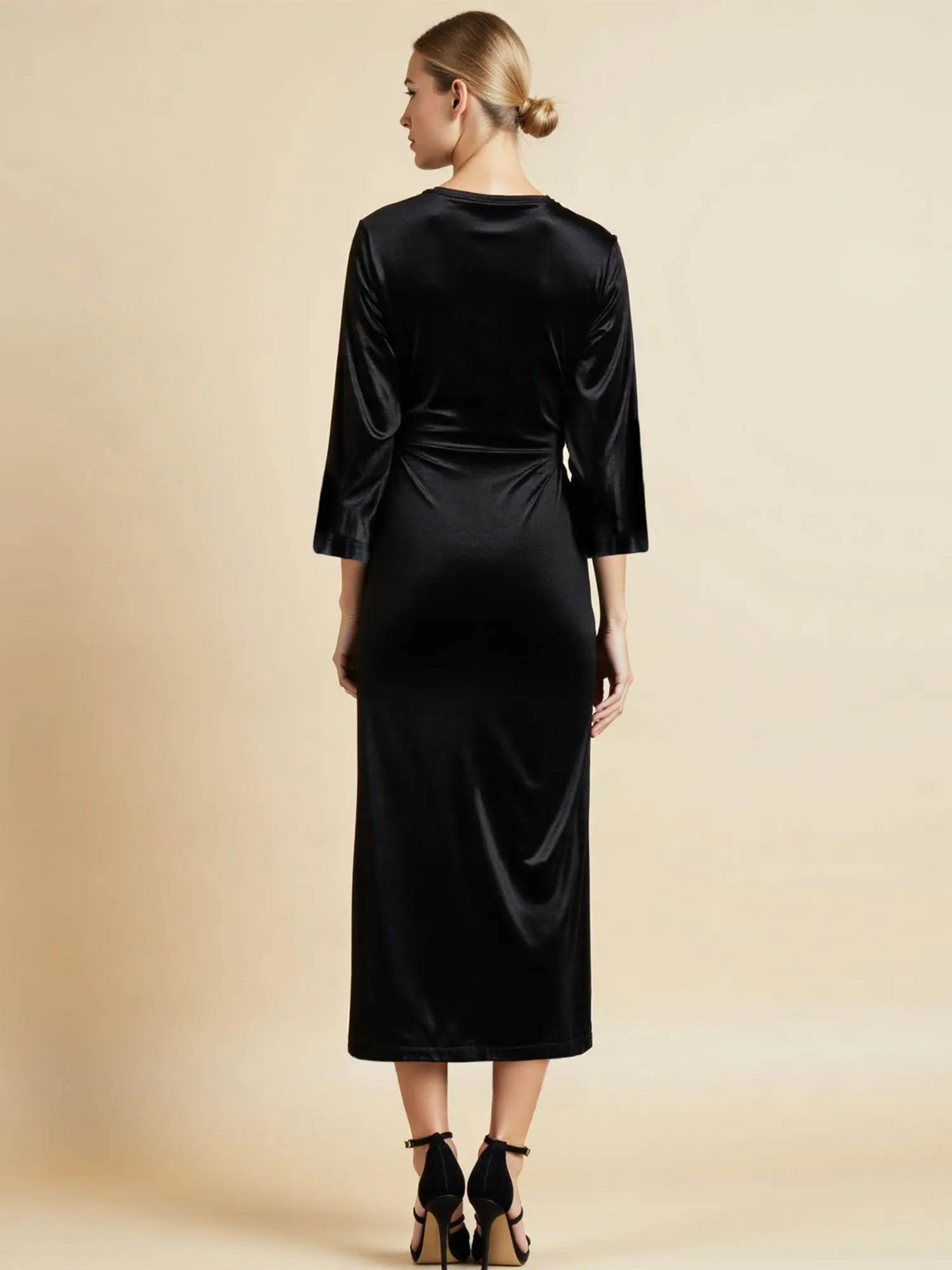 Short Sleeves V-Neck Velvet Ruched Bodycon Dress