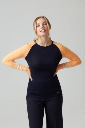 Under-Birdie base layer in navy & vibrant orange