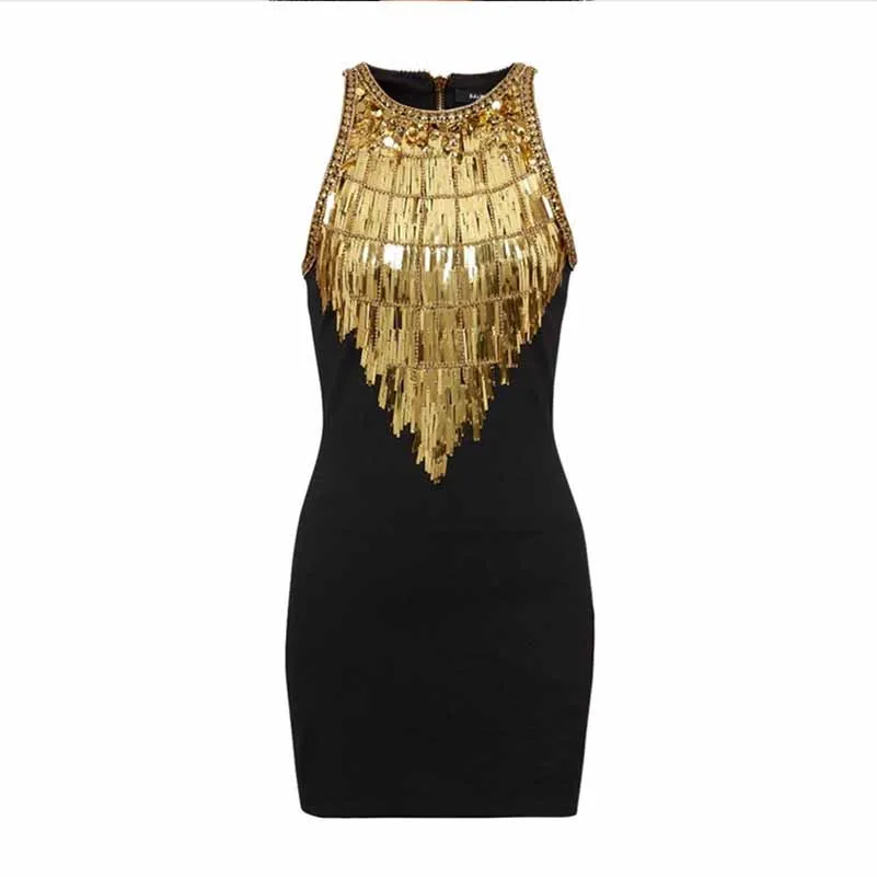 Women Gold Sequin Top Mini Black Dress Embellished Sleeveless Minidress