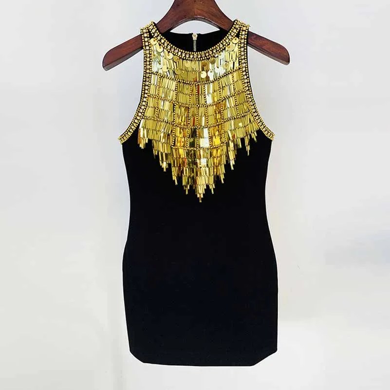 Women Gold Sequin Top Mini Black Dress Embellished Sleeveless Minidress