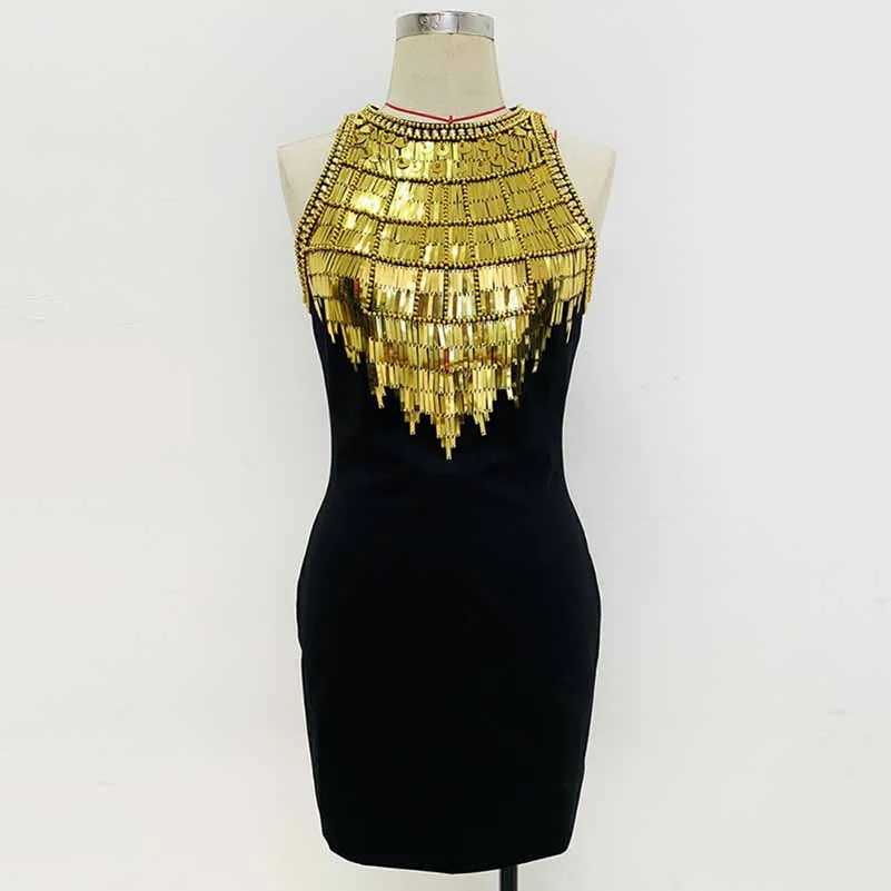 Women Gold Sequin Top Mini Black Dress Embellished Sleeveless Minidress