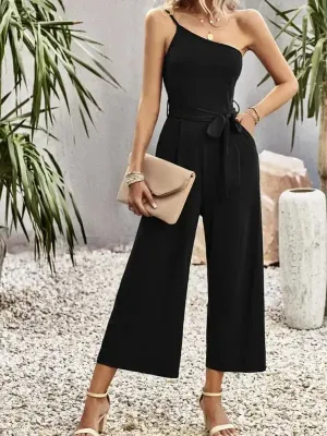 Women’s solid color one-shoulder tie jumpsuit